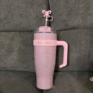 Juicy Couture Pink Crystal Travel Tumbler with Handle & Bow Straw